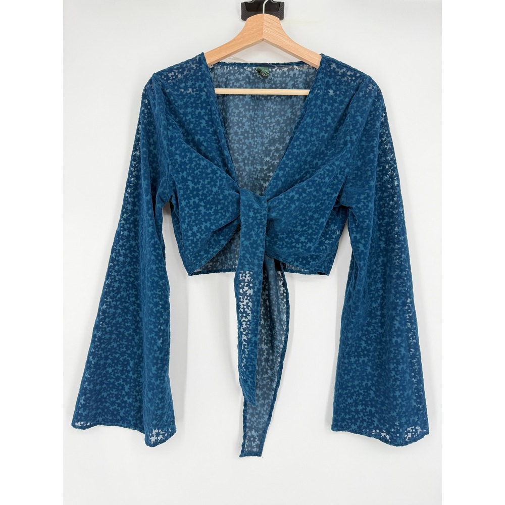 Wild Fable Teal Blue Tie Front Crop Blouse Top Floral Velvet Bell‎ Sleeves Sz M